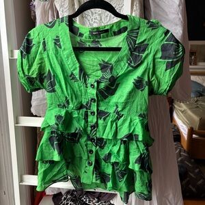Nanette Lepore black and green bow patterned blouse size 2